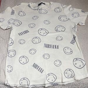 NIRVANA Off White Tee with Gray Logo & Smiley Print